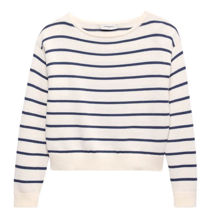Striped coastal grandmother style sweater boat neck