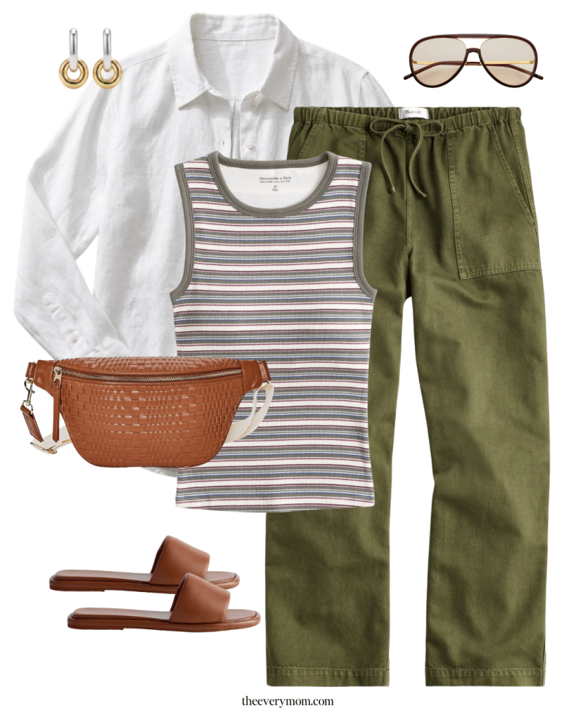 Road trip outfit for moms with pull on pants and fanny pack