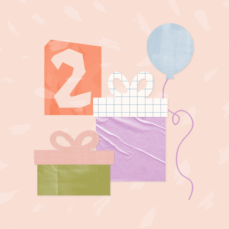 second birthday graphic with crumbled artwork