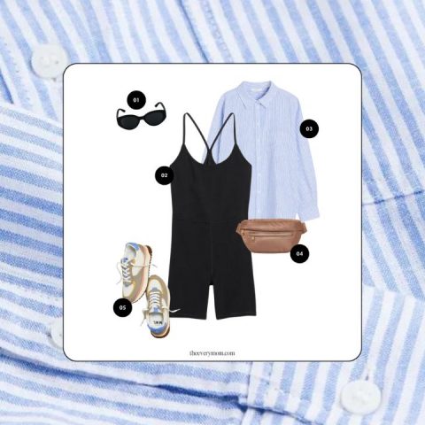 bodysuit and button up outfit graphic on striped background