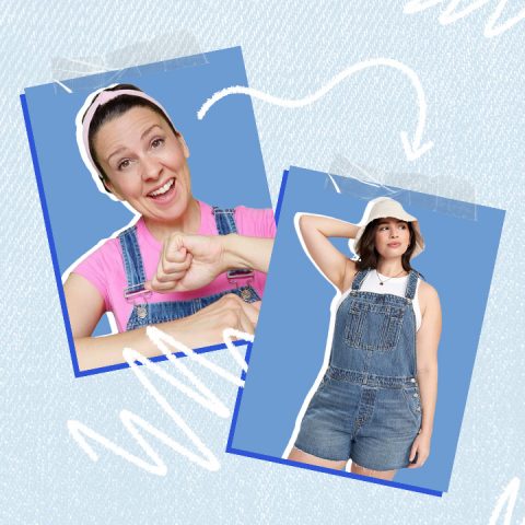 photos of women in overalls with squiggles