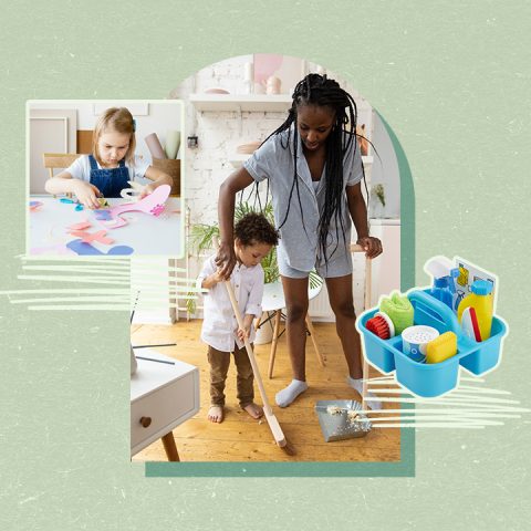 woman cleaning with child, crafts and cleaning toys