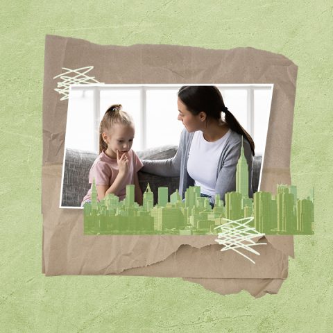 mom and kid talking, city skyline, cardboard