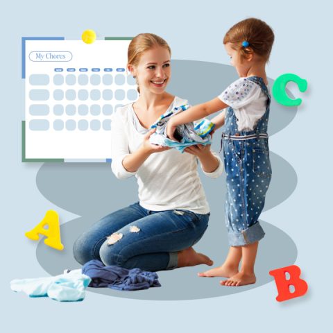 Child helping parent with chores, chore chart background