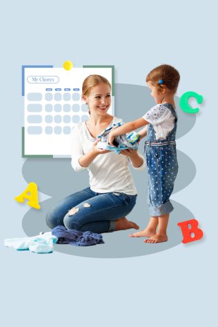 Child helping parent with chores, chore chart background