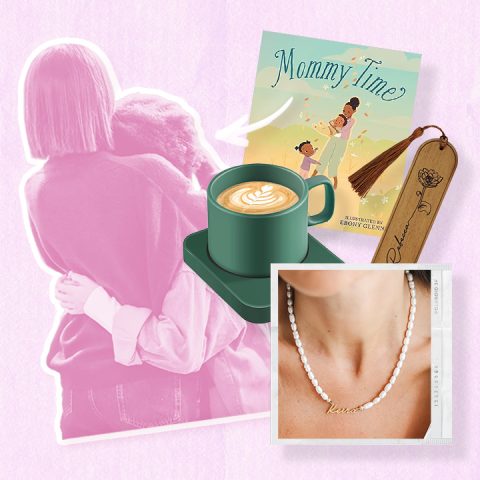 two women hugging, a book, coffee, bookmark and necklace