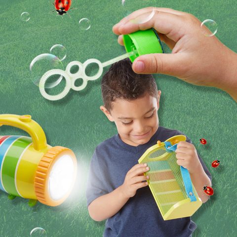 kid, lady bugs, flashlight, bubbles