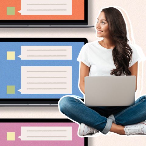 computer screens and woman with laptop