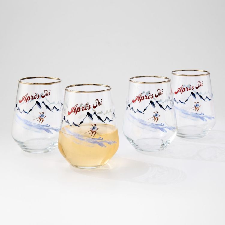 Ski Chalet Stemless Wine Glasses, Set of 4