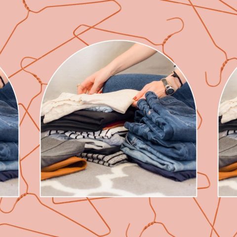 closet clean out pile of clothes