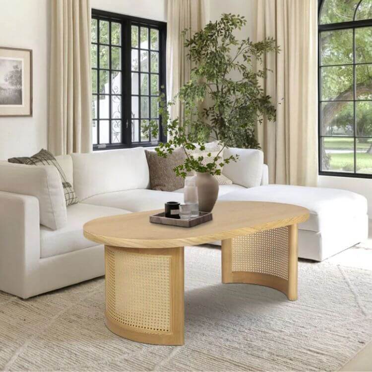 Antowine Oval Solid Oak Wood Coffee Table with Cane Rattan Legs