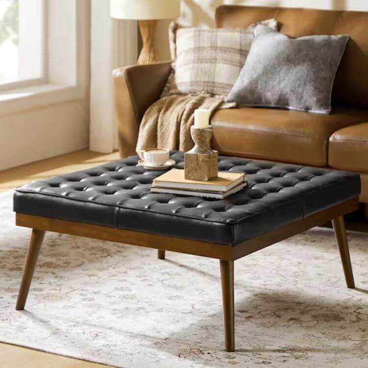Diana Black Genuine Leather Square Medium Ottoman