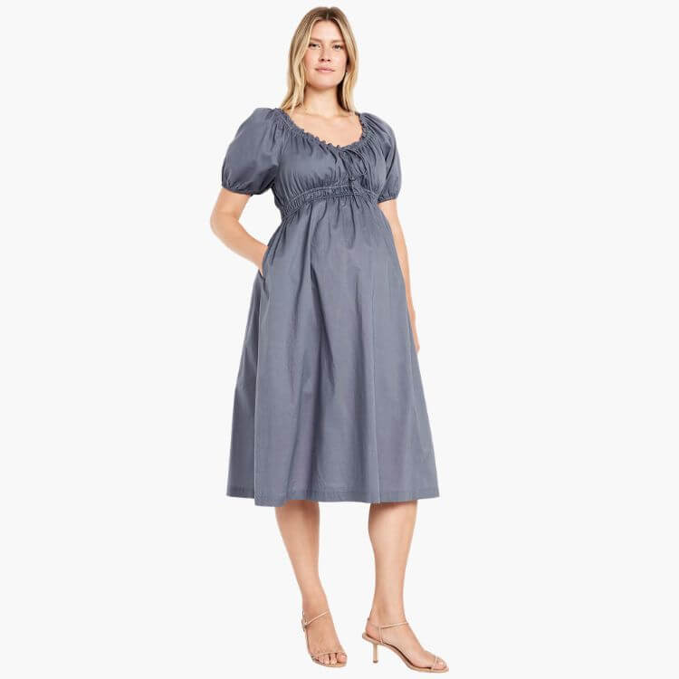 Maternity Puff-Sleeve Midi Dress