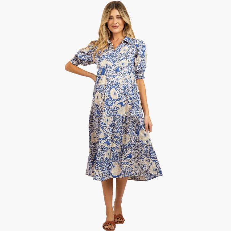 Collared Tiered Maternity Midi Dress