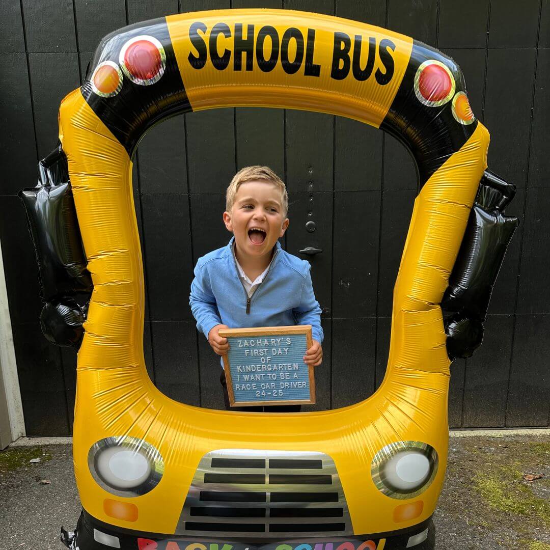 first day of school picture idea little boy with school bus photo frame prop