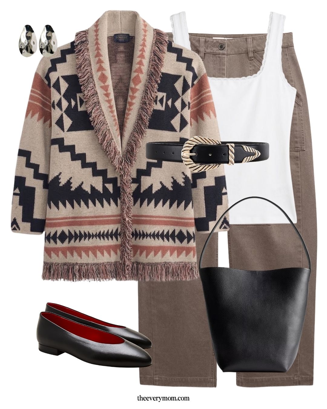 Bold cardigan with fringe and cargo pants outfit with belt and ballet flats