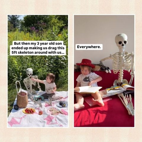 toddler and skeleton friend