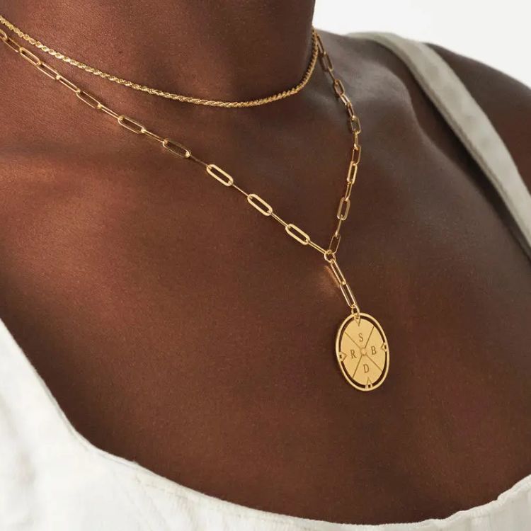 Engraved Compass Necklace with Diamond 