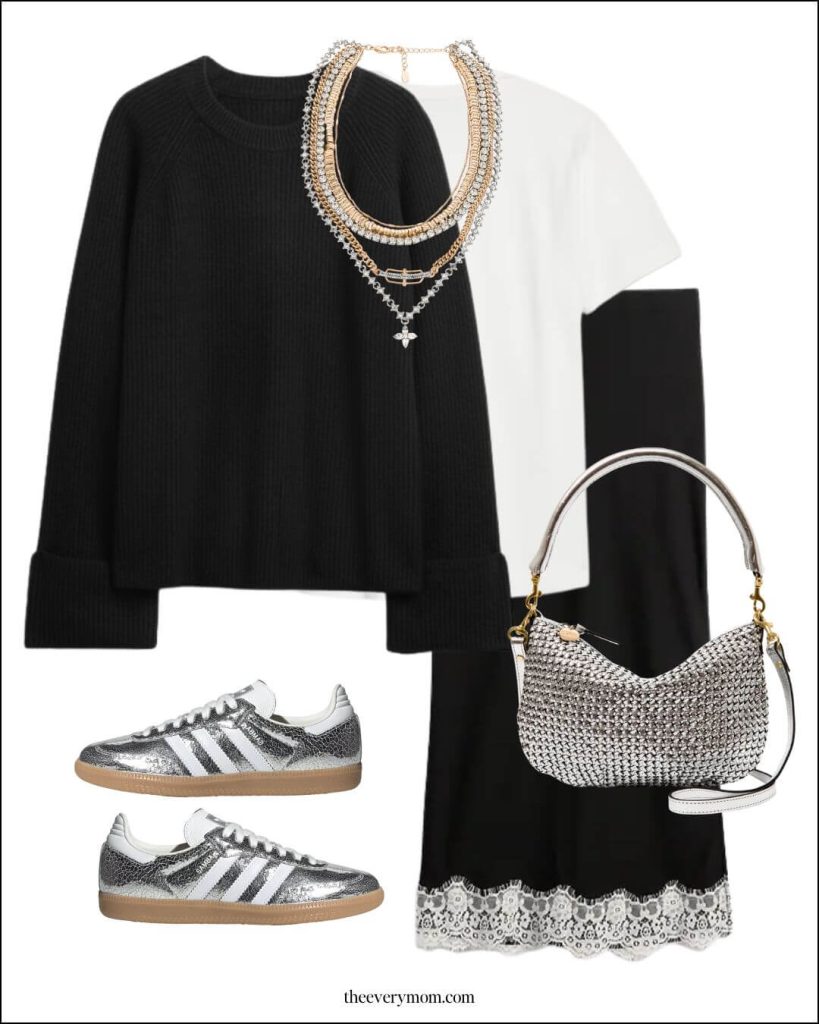 slip skirt and sweater with silver adidas sneakers and Clare V bag
