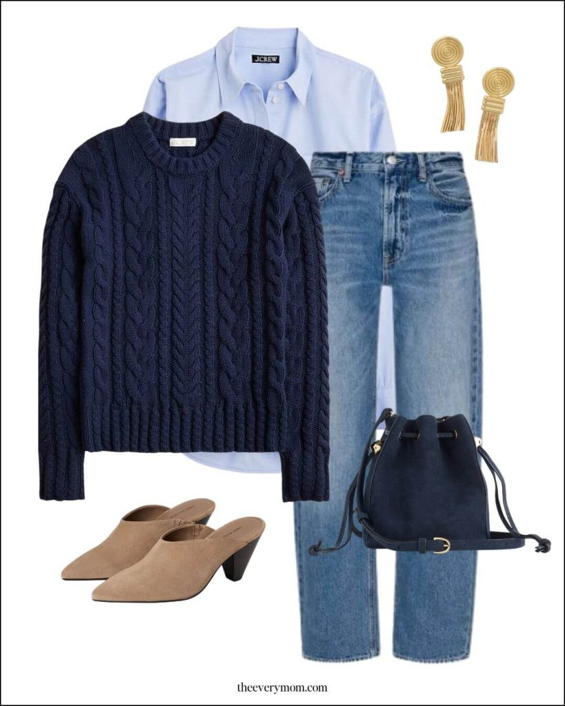 cable knit sweater and jeans outfit for thanksgiving