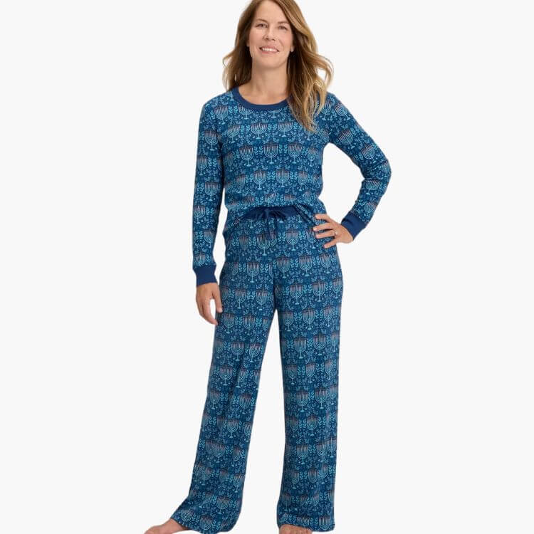 Women's Hanukkah Ribbed Long Sleeve Shirt and Pants Holiday Matching Family Pajama Set