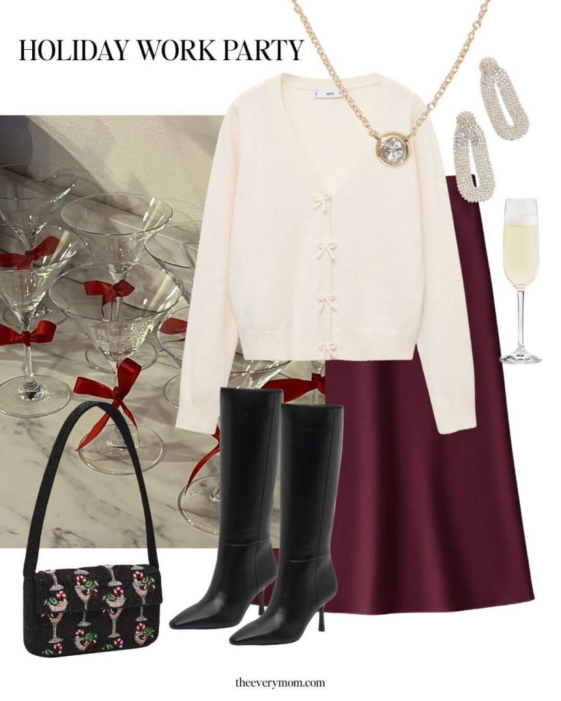 holiday outfit with satin skirt and boots