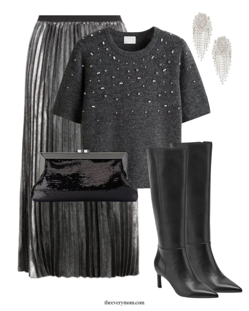 metallic skirt and embellished top new year's eve outfit idea for mom