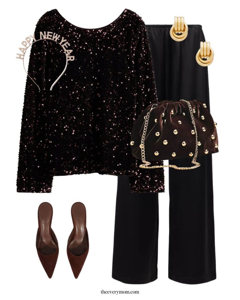 Sequined top with pull on pants for New Year's eve outfit idea