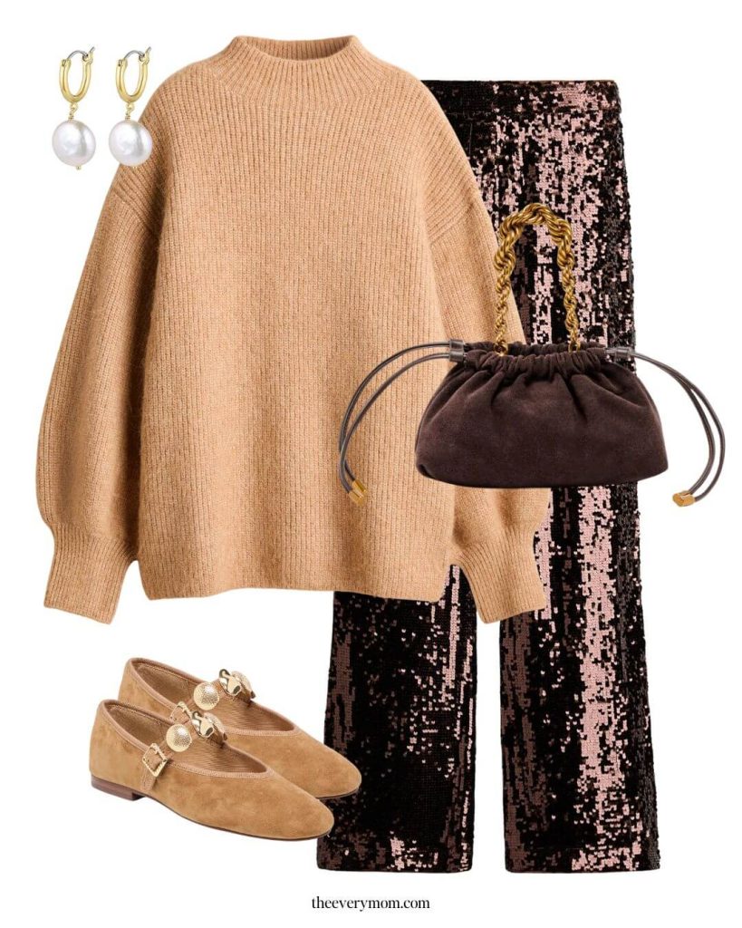 casual and elevated comfortable NYE outfit for moms