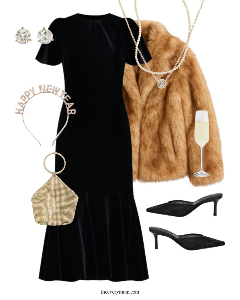 little black velvet dress with faux fur outfit for classic new year's eve celebration