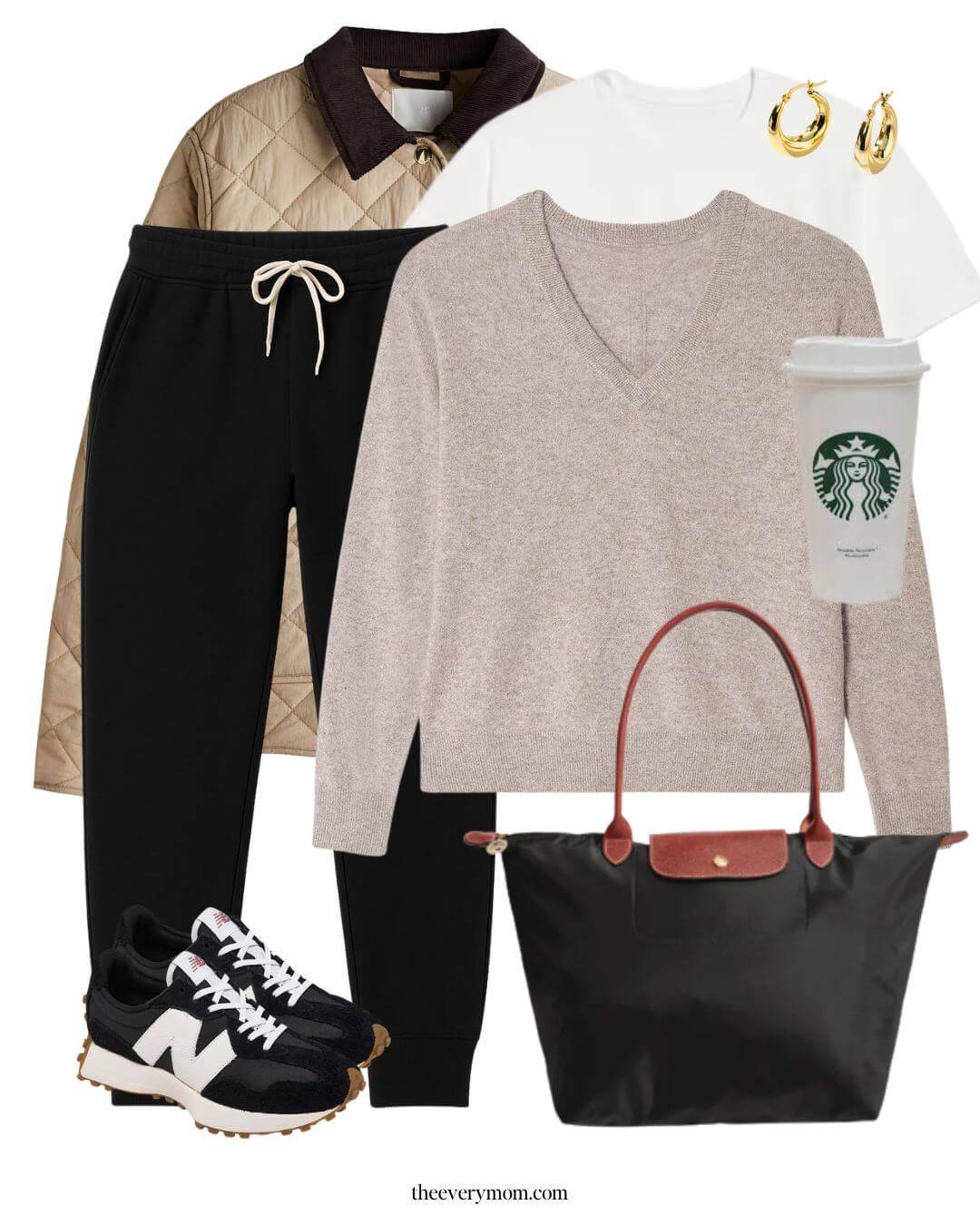 comfortable airport travel outfit for moms with joggers and cashmere sweater 