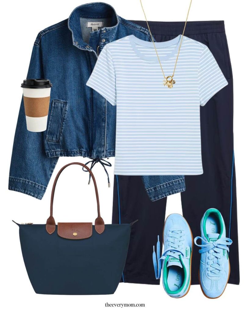 Mom Spring Transition Outfit casual winter to spring outfit idea with denim jacket