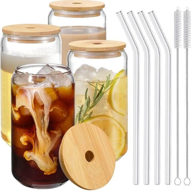 Drinking Glasses with Bamboo Lids and Glass Straws