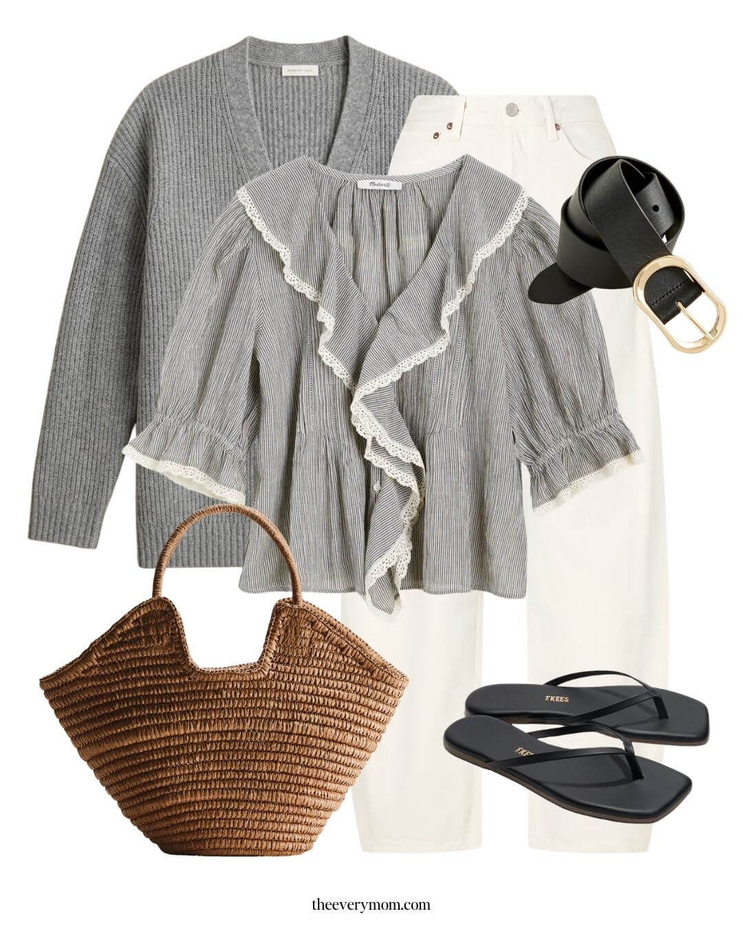 spring outfit ideas with white jeans and raffia bag