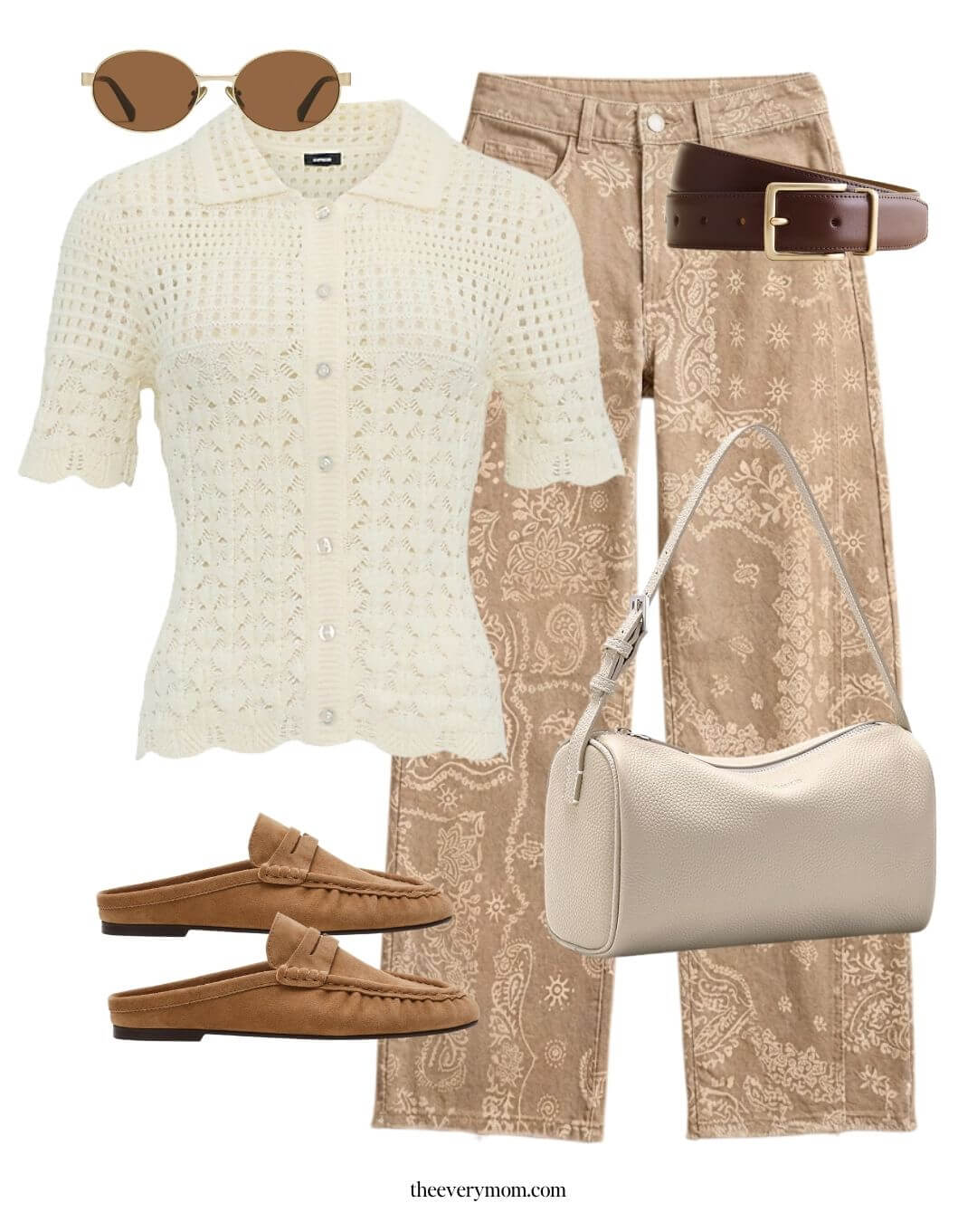 cream outfit for spring with bandana paisley jeans