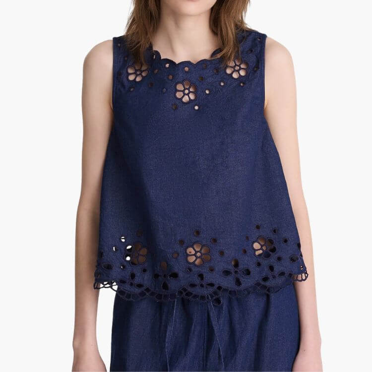 Denim Embroidered Shell Top