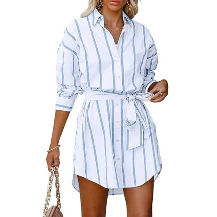 Stripe Shirt Dress with Belt 