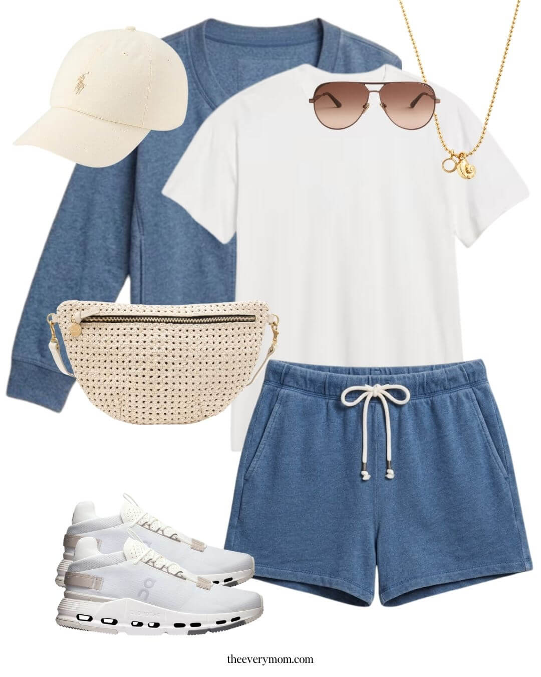 cozy sweatsuit set for summer with shorts and cardigan and crossbody bag