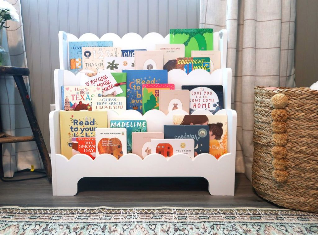 nuetral nursery book shelf