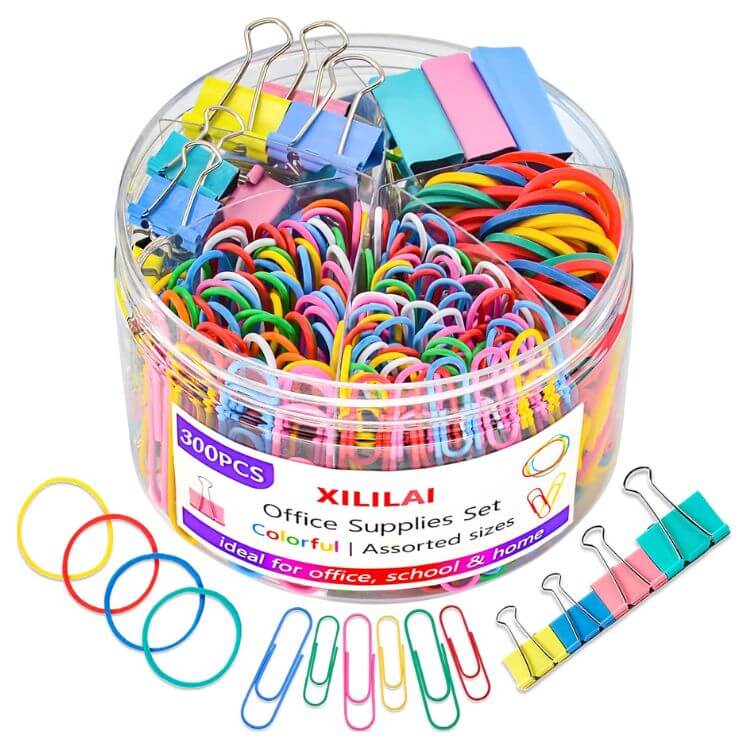 Assorted Paper Clips, Clamps, Rubber Bands, 
