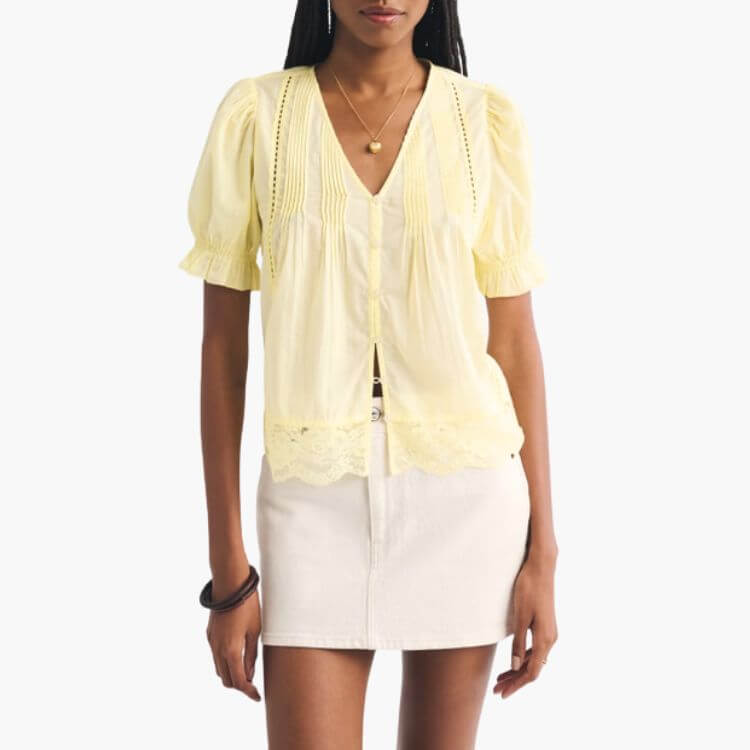 Lace-Trim Button-Up Blouse