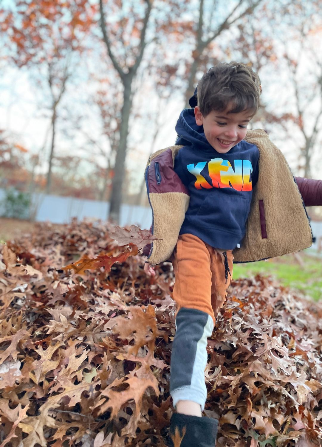 child playing in leaves fall bucketlist family activities