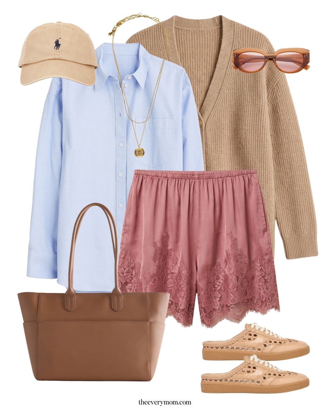 Cute silk shorts outfit with button down and a cozy cardigan for a summer to fall transitional outfit idea