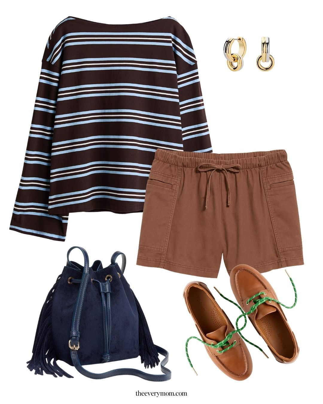 cute shorts outfit with long sleeve striped tee for summer and fall outfit ideas with boat shoes