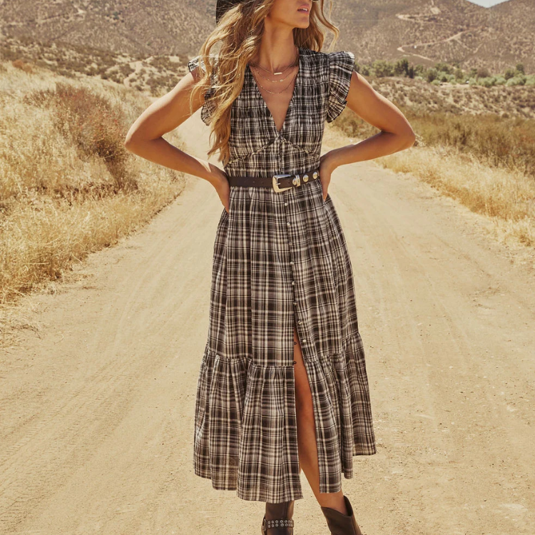 Lindah Smocked Plaid Maxi Dress