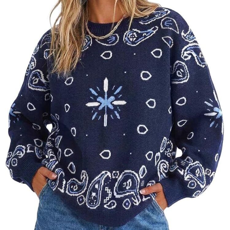 Paisley Pattern Ribbed Crew Neck