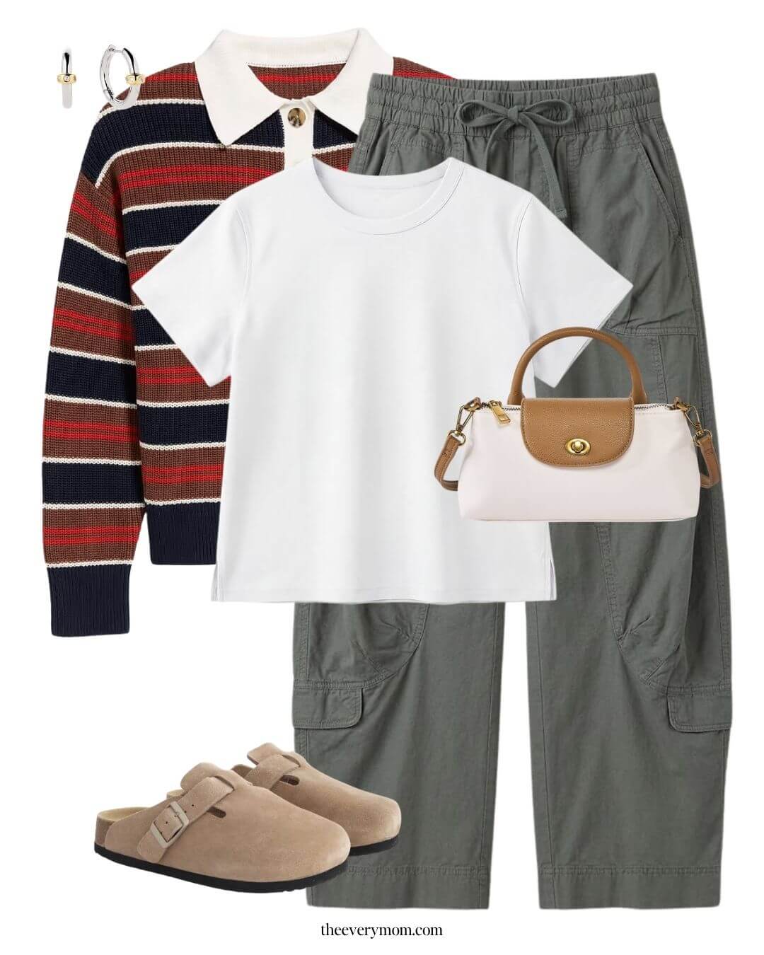 track pants outfit with striped polo