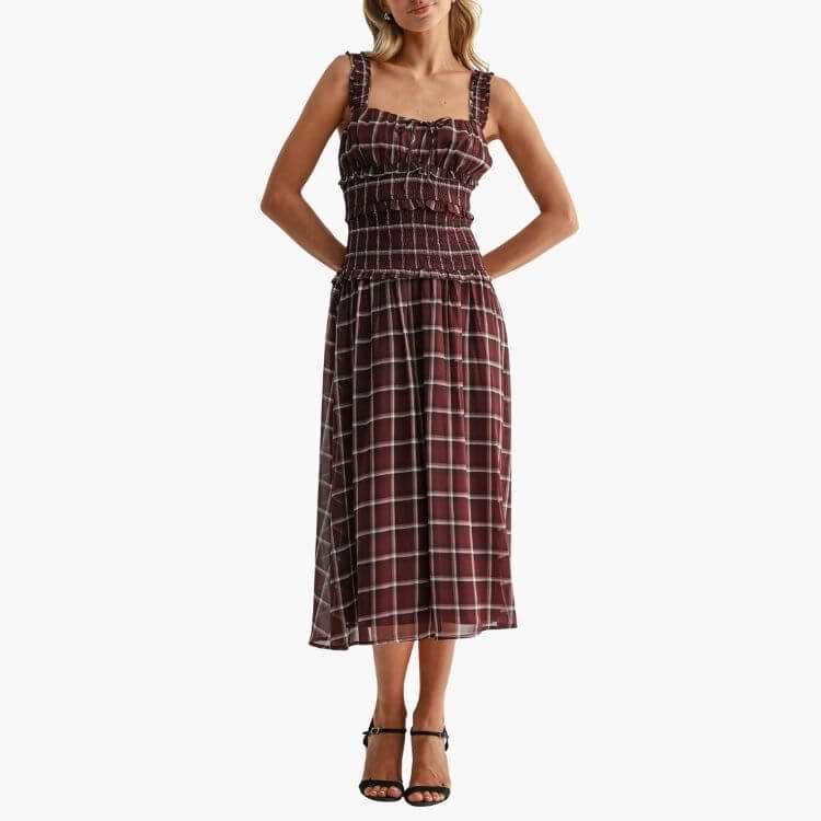 Plaid Smocked Midi Dress