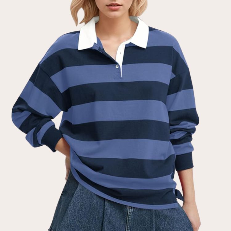 Women Long Sleeve Striped Polo Shirt 