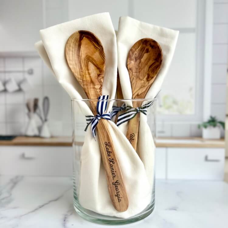 Personalized Olive Wood Serving Spoon & Hand Towel 